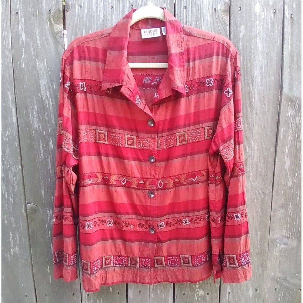 Chico's Design size 2 (M) 100% silk jacket blouse bead embroidery art to wear